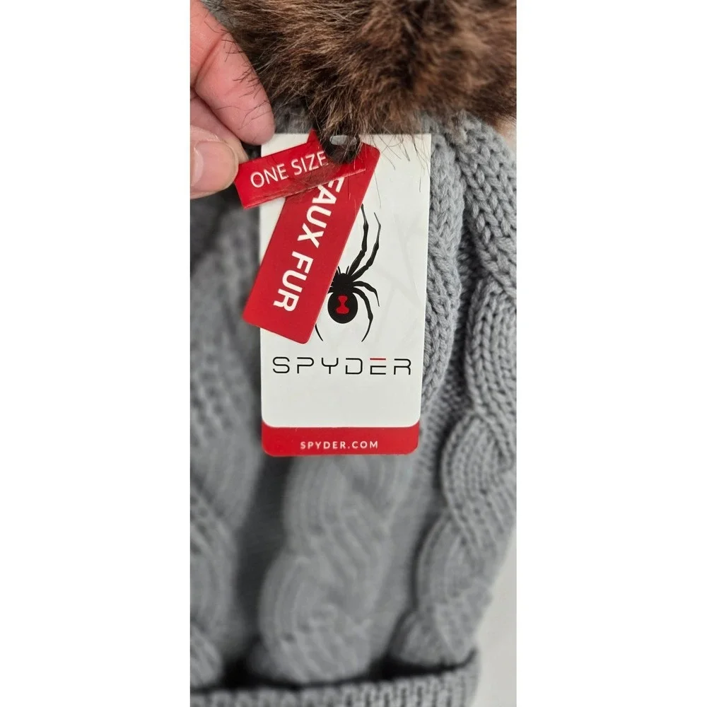 Spyder Womens Cable Knit Beanie Faux Fur Lined Pom Pom Hat Pewter‎ Grey OLSP982W